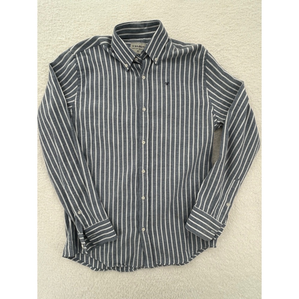 Silbon Mens Blue White Striped Sport Shirt XS Button Down Long Sleeve Logo